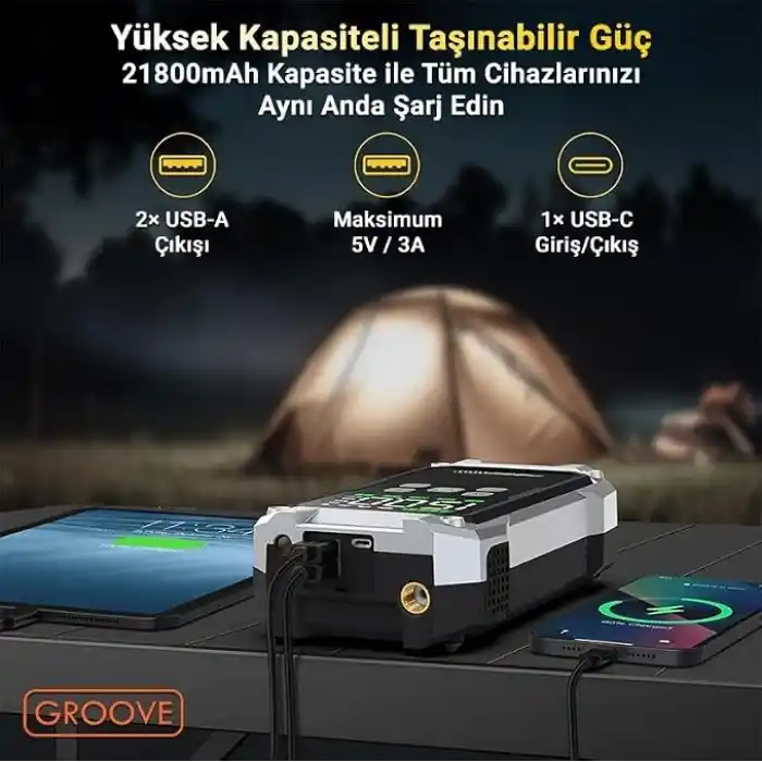 Groove F04 21800 mAh, 6000A Tepe Akımı Profesyonel Akü Takviye Cihazı + Lastik Şişirme Kompresörlü Taşınabilir Jump Starter Dizel ve Benzinli Araçlar İçin