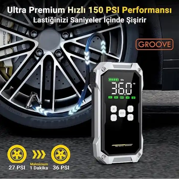Groove F04 21800 mAh, 6000A Tepe Akımı Profesyonel Akü Takviye Cihazı + Lastik Şişirme Kompresörlü Taşınabilir Jump Starter Dizel ve Benzinli Araçlar İçin