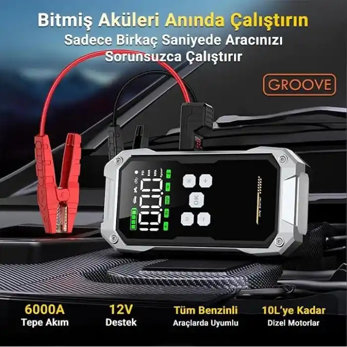 Groove F04 21800 mAh, 6000A Tepe Akımı Profesyonel Akü Takviye Cihazı + Lastik Şişirme Kompresörlü Taşınabilir Jump Starter Dizel ve Benzinli Araçlar İçin