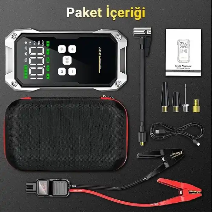 Groove F04 21800 mAh, 6000A Tepe Akımı Profesyonel Akü Takviye Cihazı + Lastik Şişirme Kompresörlü Taşınabilir Jump Starter Dizel ve Benzinli Araçlar İçin