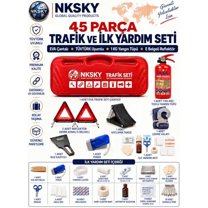 NKSKY EVA Çantalı 45 Parça Trafik Seti TÜVTÜRK Uyumlu İlk Yardım Seti | TSE Onaylı ve CE Belgeli | Yeni Mevzuata Uygun (Kırmızı)