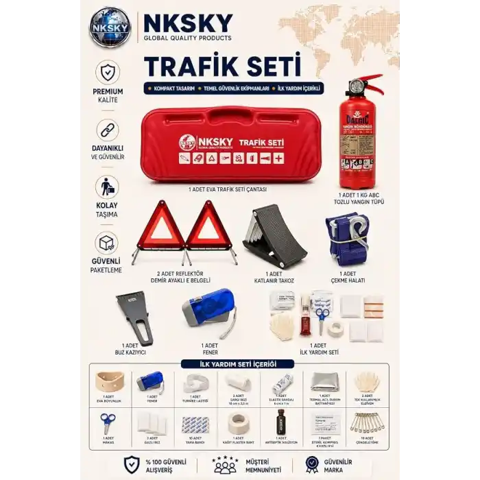 NKSKY EVA Çantalı 45 Parça Trafik Seti TÜVTÜRK Uyumlu İlk Yardım Seti | TSE Onaylı ve CE Belgeli | Yeni Mevzuata Uygun (Kırmızı)
