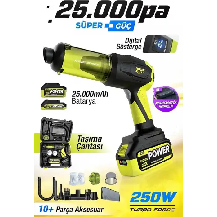 7Go 7Gab-04 25.000 Pa Şarjlı Araç Süpürgesi Ve Hava Üfleme Makinesi – 90.000 Rpm Fırçasız Motor, 2S