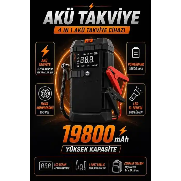 LS-99 Akü Takviye ve Hava Kompresörü 3750A Tepe Akımı, 150 PSI Lastik Şişirme, 19800mAh Powerbank, LCD Ekranlı Jump Starter, LED El Feneri, 12V Araçlar için Çok Fonksiyonlu Akü Destek Cihazı