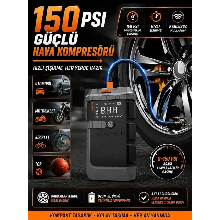 LS-99 Akü Takviye ve Hava Kompresörü 3750A Tepe Akımı, 150 PSI Lastik Şişirme, 19800mAh Powerbank, LCD Ekranlı Jump Starter, LED El Feneri, 12V Araçlar için Çok Fonksiyonlu Akü Destek Cihazı
