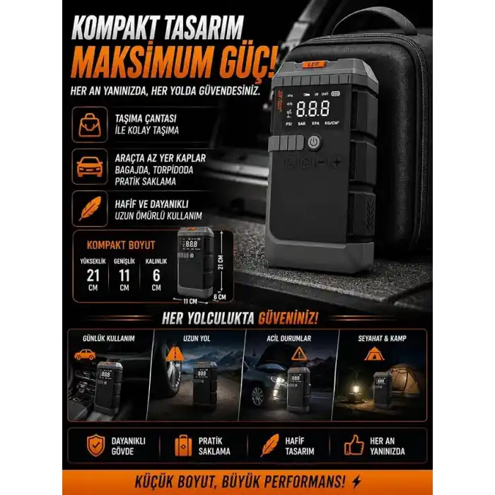 LS-99 Akü Takviye ve Hava Kompresörü 3750A Tepe Akımı, 150 PSI Lastik Şişirme, 19800mAh Powerbank, LCD Ekranlı Jump Starter, LED El Feneri, 12V Araçlar için Çok Fonksiyonlu Akü Destek Cihazı