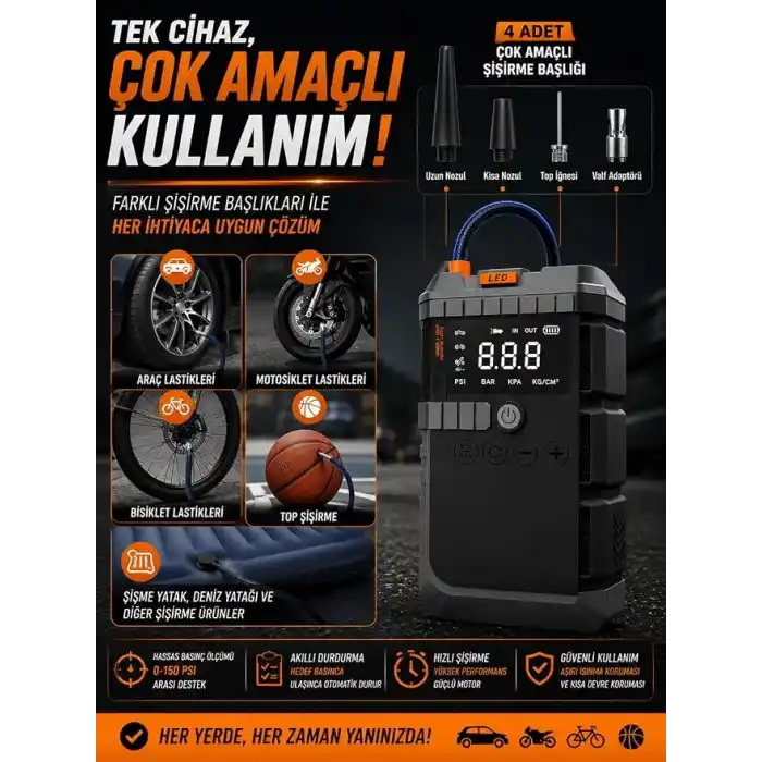 LS-99 Akü Takviye ve Hava Kompresörü 3750A Tepe Akımı, 150 PSI Lastik Şişirme, 19800mAh Powerbank, LCD Ekranlı Jump Starter, LED El Feneri, 12V Araçlar için Çok Fonksiyonlu Akü Destek Cihazı