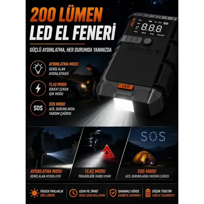 LS-99 Akü Takviye ve Hava Kompresörü 3750A Tepe Akımı, 150 PSI Lastik Şişirme, 19800mAh Powerbank, LCD Ekranlı Jump Starter, LED El Feneri, 12V Araçlar için Çok Fonksiyonlu Akü Destek Cihazı