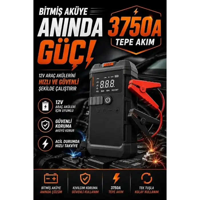 LS-99 Akü Takviye ve Hava Kompresörü 3750A Tepe Akımı, 150 PSI Lastik Şişirme, 19800mAh Powerbank, LCD Ekranlı Jump Starter, LED El Feneri, 12V Araçlar için Çok Fonksiyonlu Akü Destek Cihazı