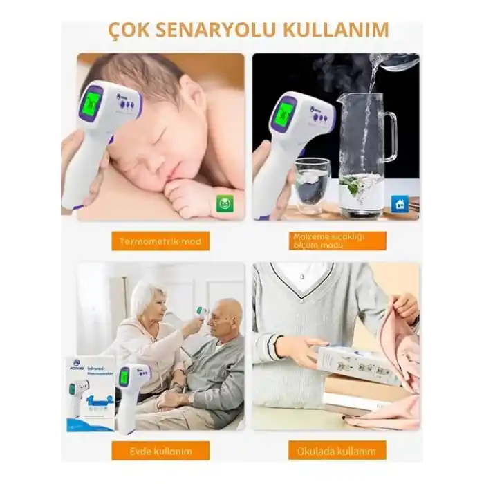 Dijital Temassız Ateş Ölçer Termometre Tabanca Model Hafızalı Pilli Bebek Çocuk Kedi Köpek Ortam Nesne Yemek Havuz