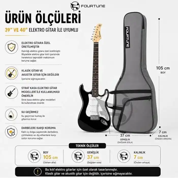 Fourtune Atlas Gri Elektro Gitar Çantası Gigbag Kalın (Soft Case) (Gri, Elektro Gitar)