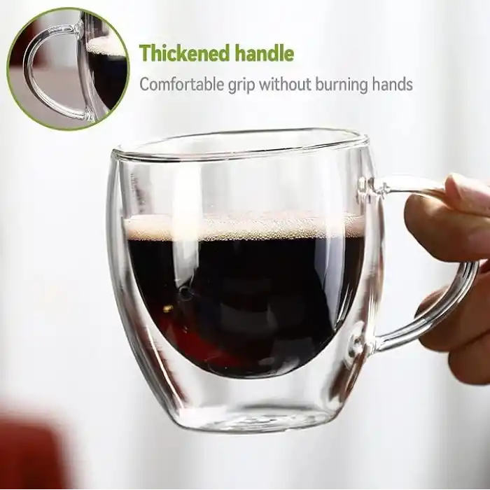 ARVALE 2 Adet Çift Cidarlı 250 ml Kulplu Cam Çay Kahve Süt Kupa Borosilikat Bardak