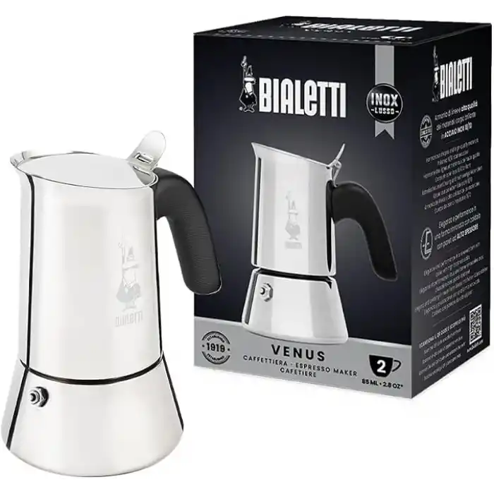 Bialetti - Venus: 2 Cups Ocak Üstü Espresso Pişirici - 85ml - Gümüş Renk - Paslanmaz Çelik Gövde - Patentli Güvenlik Valfi - Tüm Ocak Türleri İçin Uygundur (İndüksiyon Hariç)