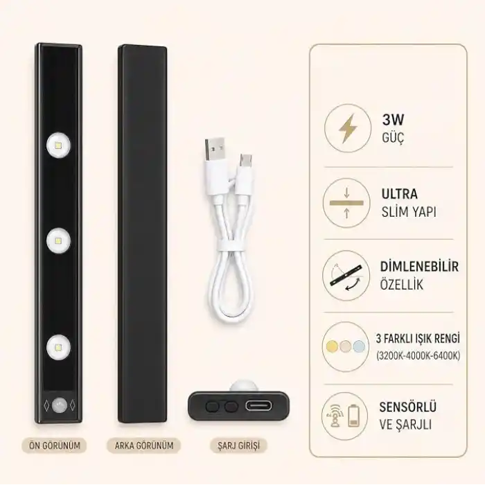 Şarjlı Sensörlü LED Dolap İçi Aydınlatma 40,5 cm, 3W Ultra Slim Tezgah Altı Lamba, 3 Renk Işık Seçenekli, Dimlenebilir, USB Şarjlı Siyah LED Işık