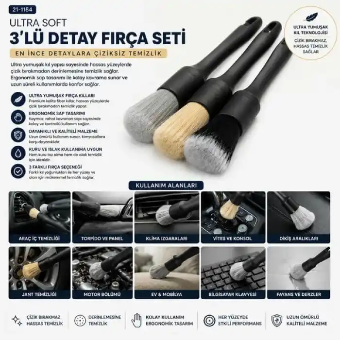 AEE® 3’lü Premium Oto Detay Temizlik Fırça Seti – Araç İçi ve Dışı Bakım İçin 3 Farklı Kıl Sertliği, Çok Amaçlı Temizlik Fırçası Torpido Klima Menfez Toz Alma Köpükleme Çizmez