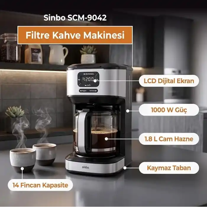 Sinbo SCM-9042 Otomatik Filtre Kahve Makinesi, 14 Fincan 1.8L Cam Hazne, Taşma Önleyici, Zaman Ayarlı, Yıkanabilir Hazne