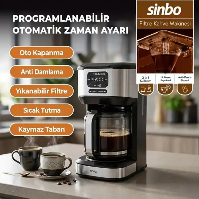 Sinbo SCM-9042 Otomatik Filtre Kahve Makinesi, 14 Fincan 1.8L Cam Hazne, Taşma Önleyici, Zaman Ayarlı, Yıkanabilir Hazne