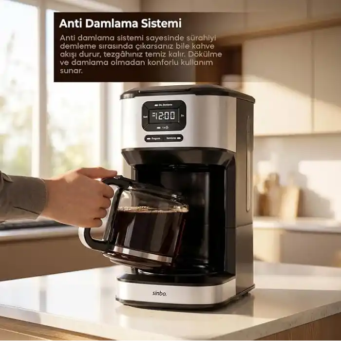 Sinbo SCM-9042 Otomatik Filtre Kahve Makinesi, 14 Fincan 1.8L Cam Hazne, Taşma Önleyici, Zaman Ayarlı, Yıkanabilir Hazne