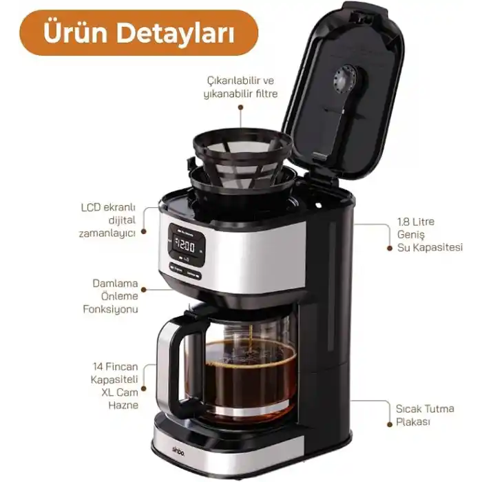 Sinbo SCM-9042 Otomatik Filtre Kahve Makinesi, 14 Fincan 1.8L Cam Hazne, Taşma Önleyici, Zaman Ayarlı, Yıkanabilir Hazne