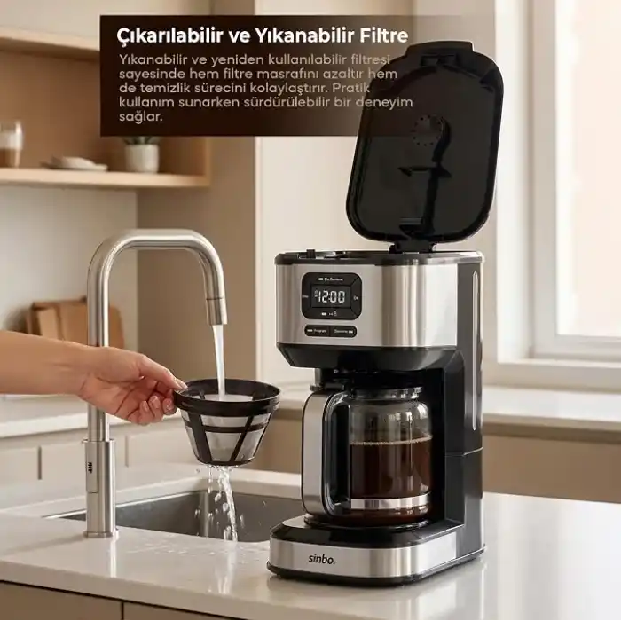 Sinbo SCM-9042 Otomatik Filtre Kahve Makinesi, 14 Fincan 1.8L Cam Hazne, Taşma Önleyici, Zaman Ayarlı, Yıkanabilir Hazne