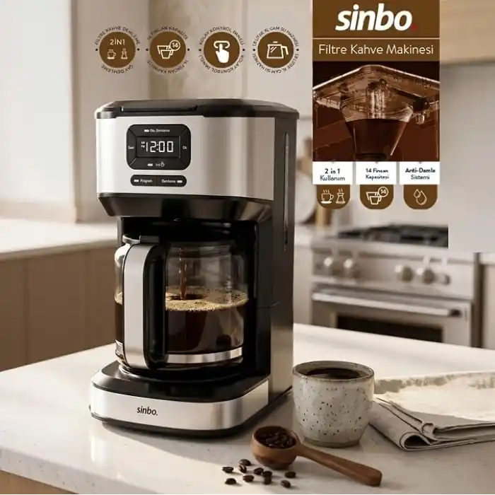Sinbo SCM-9042 Otomatik Filtre Kahve Makinesi, 14 Fincan 1.8L Cam Hazne, Taşma Önleyici, Zaman Ayarlı, Yıkanabilir Hazne