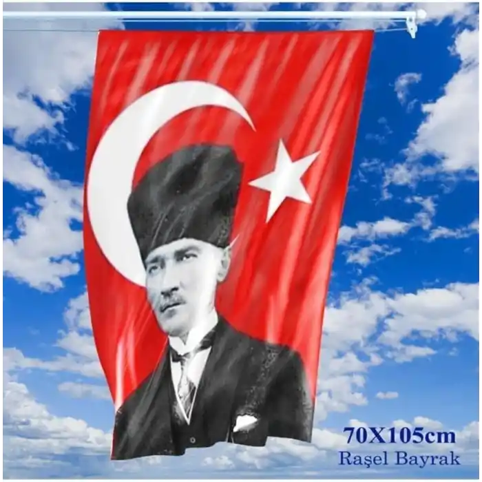 Asilmeydan Türk Bayrağı Kalpaklı Atatürk Fotoğraflı Türkiye Bayrağı 70x105 cm