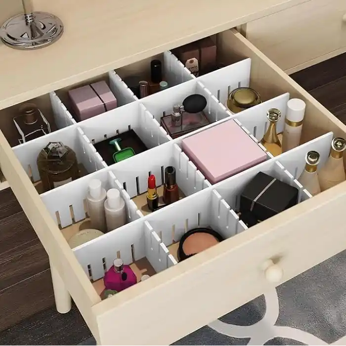 AEE® 4lü Plastik Ayarlanabilir Çekmece Düzenleyici Organizer - İç İçe Geçmeli Kesilebilir - 8cmX43cm - Mutfak İç Çamaşırı Çorap Sütyen Dolap Takı Makyaj (4)