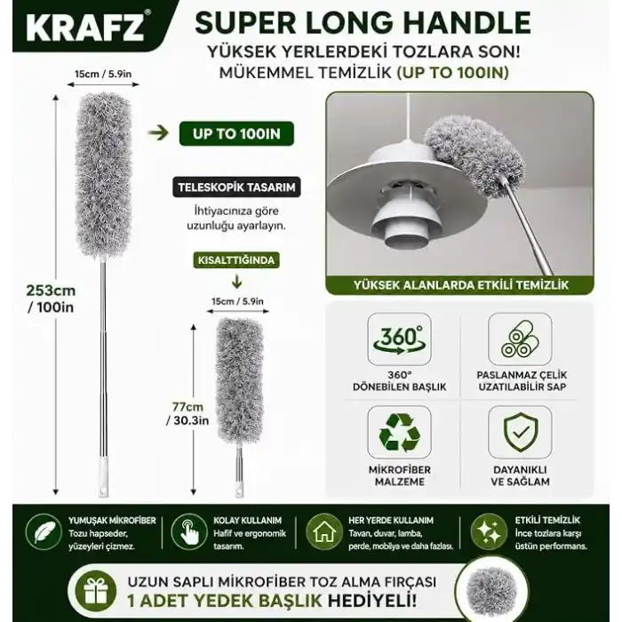 Krafz® Home Teleskopik 3lü Mop Toz Alma Püskülü Çok Fonksiyonlu Temizlik Seti,Boşluk Ve Tavan Temizliği İçin Uzayabilir Toz Alma Seti