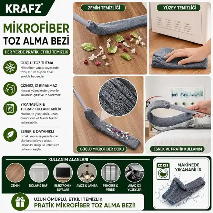 Krafz® Home Teleskopik 3lü Mop Toz Alma Püskülü Çok Fonksiyonlu Temizlik Seti,Boşluk Ve Tavan Temizliği İçin Uzayabilir Toz Alma Seti