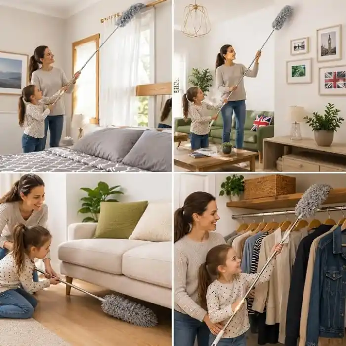 Krafz® Home Teleskopik 3lü Mop Toz Alma Püskülü Çok Fonksiyonlu Temizlik Seti,Boşluk Ve Tavan Temizliği İçin Uzayabilir Toz Alma Seti