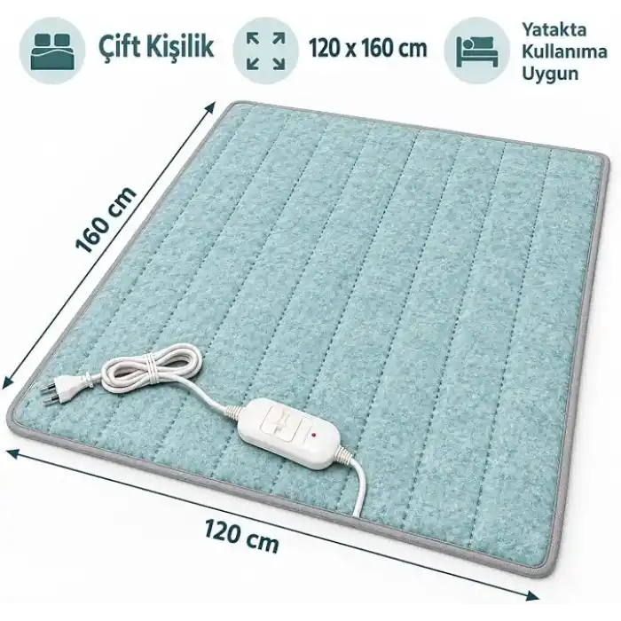 Çift Kişilik Elektrikli Battaniye 120x160 cm, 80W, 2 Kademeli Isı
