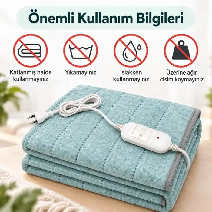 Çift Kişilik Elektrikli Battaniye 120x160 cm, 80W, 2 Kademeli Isı