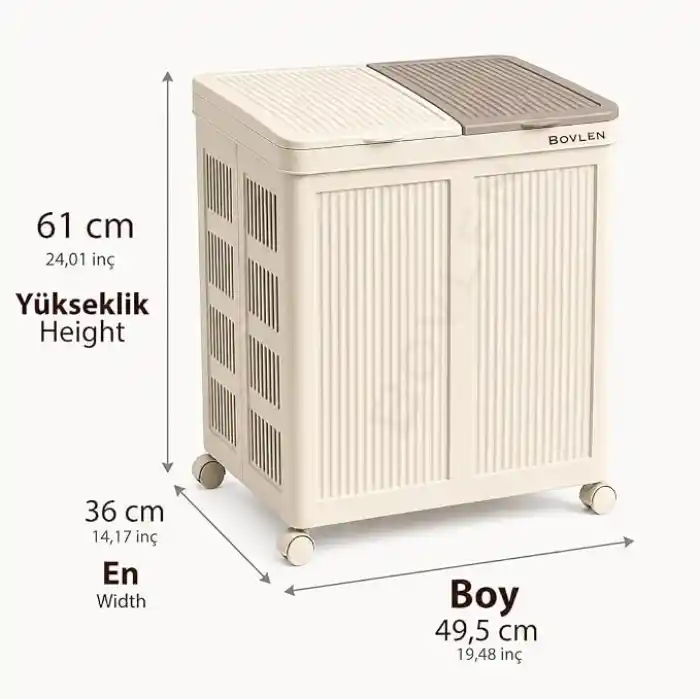 Mega Boy Havalandırmalı Çamaşır Sepeti - 100 Litre Oyuncak Kutusu - Tekerlekli - Çift Bölmeli 2x50 LT - 49.5x36x61 cm - PP+ TPR (Bej)
