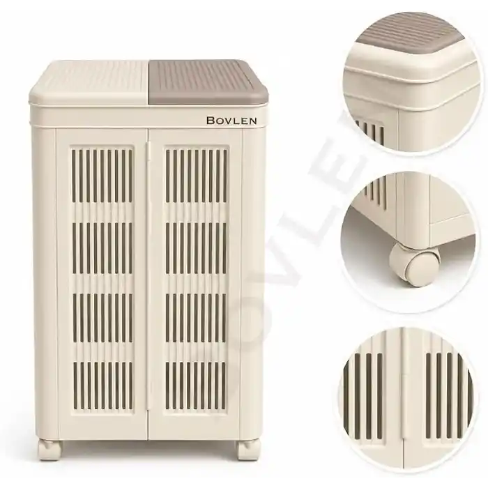 Mega Boy Havalandırmalı Çamaşır Sepeti - 100 Litre Oyuncak Kutusu - Tekerlekli - Çift Bölmeli 2x50 LT - 49.5x36x61 cm - PP+ TPR (Bej)
