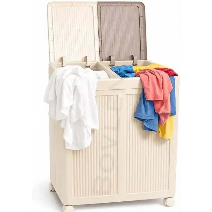 Mega Boy Havalandırmalı Çamaşır Sepeti - 100 Litre Oyuncak Kutusu - Tekerlekli - Çift Bölmeli 2x50 LT - 49.5x36x61 cm - PP+ TPR (Bej)