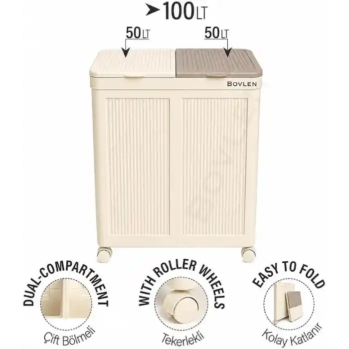 Mega Boy Havalandırmalı Çamaşır Sepeti - 100 Litre Oyuncak Kutusu - Tekerlekli - Çift Bölmeli 2x50 LT - 49.5x36x61 cm - PP+ TPR (Bej)