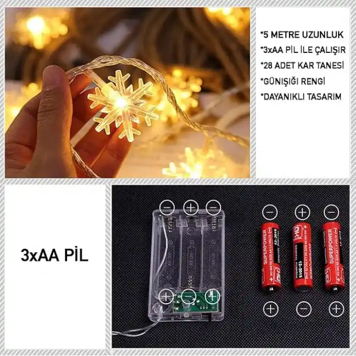 ROBEVE Kar Tanesi Led Işık Yılbaşı Aydınlatma Dekorasyon Işık Dekorasyon Aydınlatma Pilli 5 Metre 28 Kar Tanesi Gün Işığı Bahçe Aydınlatma Yılbaşı Ağacı Işığı Özel Gün Doğum Günü Parti Led Işık Peri
