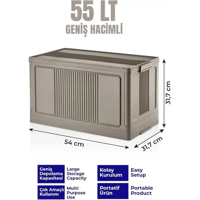 Deconox Dev Boy Katlanır Kilit Kapaklı Kasa 55 Litre Hacimli, Yer Kaplamayan Portatif Saklama Kutusu Ardiye, Balkon, Mutfak, Kiler, Bahçe ve Araç Bagajı İçin Güvenli Organizer (TOPRAK)