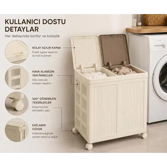 100 L İki Bölmeli Kirli Çamaşır Sepeti, Tekerlekli, Katlanabilir, Kapaklı, Hava Alabilen, Çamaşır Düzenleyici, Krem
