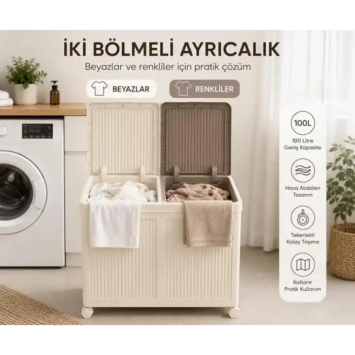 100 L İki Bölmeli Kirli Çamaşır Sepeti, Tekerlekli, Katlanabilir, Kapaklı, Hava Alabilen, Çamaşır Düzenleyici, Krem