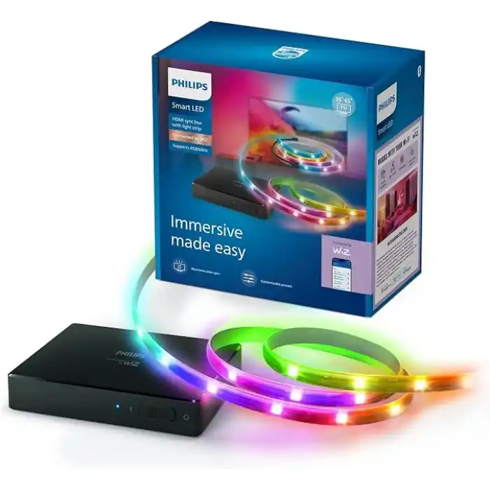 Philips Smart Lighting HDMI Sync Box TV arka ışığı, RGBIC LED şeritler, 55 – 65 inç TVler için, senkronizasyon. m. Film, müzik, HDMI 2.0, 4K, 60 Hzde bağlanır, WiZ ile bağlanır, harici video kaynağı