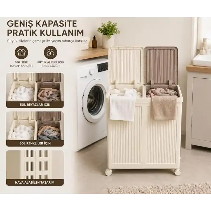 100 L İki Bölmeli Kirli Çamaşır Sepeti, Tekerlekli, Katlanabilir, Kapaklı, Hava Alabilen, Çamaşır Düzenleyici, Krem