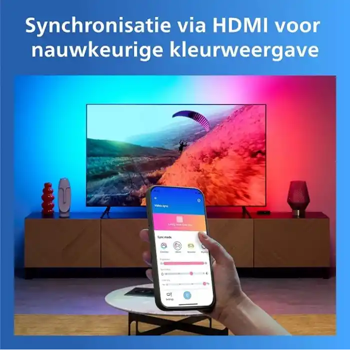 Philips Smart Lighting HDMI Sync Box TV arka ışığı, RGBIC LED şeritler, 55 – 65 inç TVler için, senkronizasyon. m. Film, müzik, HDMI 2.0, 4K, 60 Hzde bağlanır, WiZ ile bağlanır, harici video kaynağı