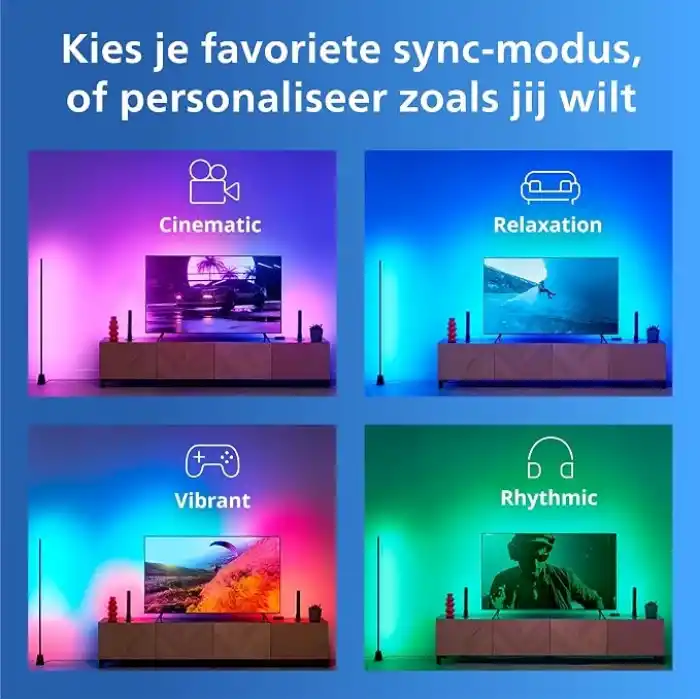 Philips Smart Lighting HDMI Sync Box TV arka ışığı, RGBIC LED şeritler, 55 – 65 inç TVler için, senkronizasyon. m. Film, müzik, HDMI 2.0, 4K, 60 Hzde bağlanır, WiZ ile bağlanır, harici video kaynağı