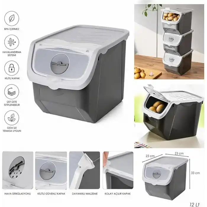 Orret Home 12 Litre Patates Soğan Saklama Kabı Hava Alabilir Kapaklı Sebze Saklama Kutusu Kilitli Kapaklı Sarımsak Organizer Plastik Erzak Saklama Kabı İstiflenebilir Kiler Düzenleyici (ASORTİ RENK)