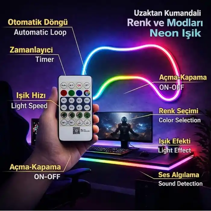 RGB Akıllı Pixel Neon LED Set 5 Metre – 7W USB Girişli, Mobil Uygulama ve Kumanda Kontrollü, Müzik Senkronlu, IP65 Su Geçirmez, Kişiselleştirilebilir Renk Efektli, Oyuncu Odası Dekoratif Aydınlatma