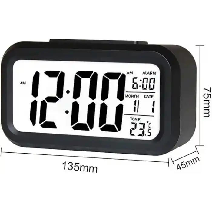 Coverzone Dekoratif Dijital Alarmlı Saat, 12/24 Dönüştürme Gece Görüşlü Yatak Başucu Saati Masa Saati Led Ekran Pilli Çalar Saat 13 x 4.5x 7.5cm (Siyah)