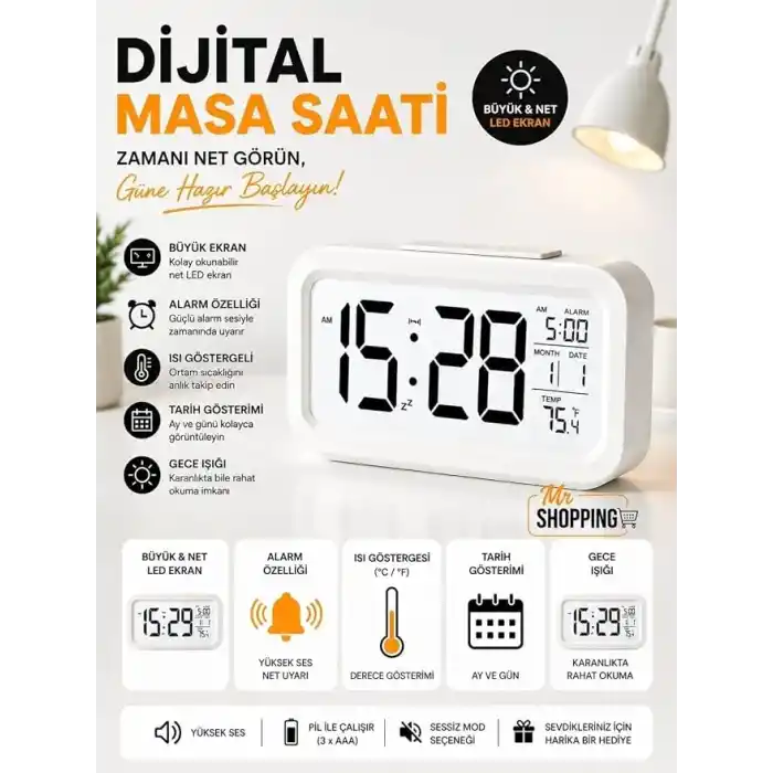 MR Dijital Masa Saati Büyük LED Ekranlı | Alarm Özellikli | Tarih ve Sıcaklık Göstergeli | Gece Işığı | 12/24 Saat Siyah/Beyaz (Beyaz)