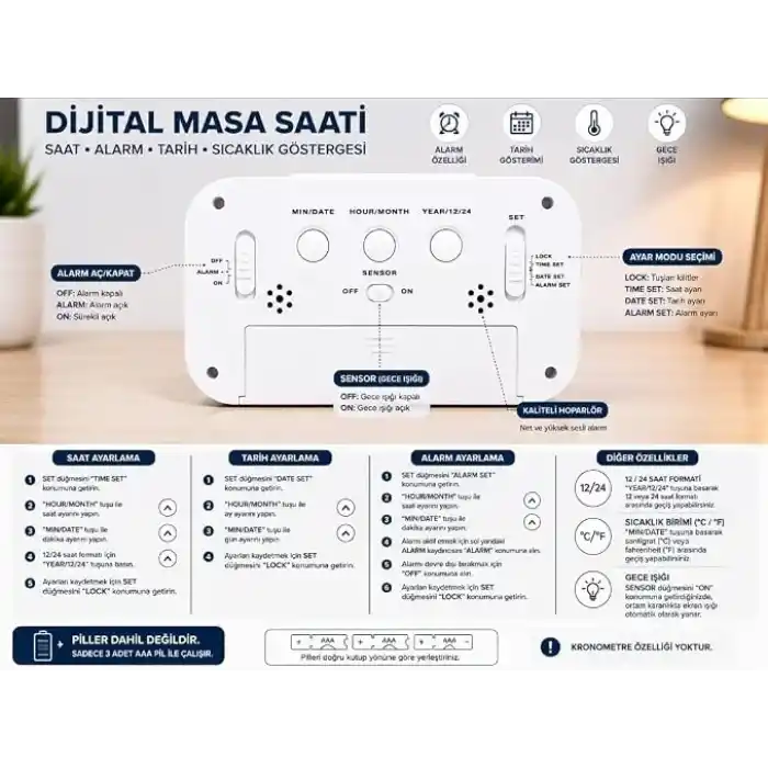 MR Dijital Masa Saati Büyük LED Ekranlı | Alarm Özellikli | Tarih ve Sıcaklık Göstergeli | Gece Işığı | 12/24 Saat Siyah/Beyaz (Beyaz)