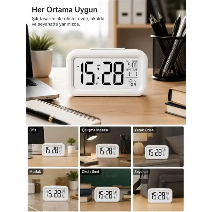 MR Dijital Masa Saati Büyük LED Ekranlı | Alarm Özellikli | Tarih ve Sıcaklık Göstergeli | Gece Işığı | 12/24 Saat Siyah/Beyaz (Beyaz)